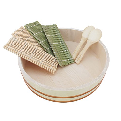 BambooMN Hangiri Oke Sushi-Reis-Kühlschale, 36,1 cm, mit 7 Stück Sushi-Servierzubehör-Set – Größe XL von BambooMN