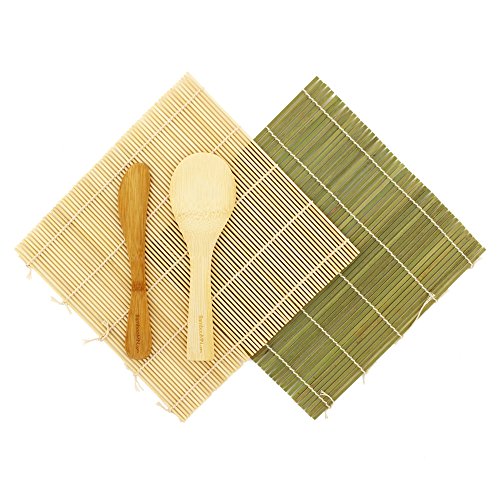 BambooMN Sushi-Making Kit – 2 x natürliche Sushi-Rollmatten, 1 x Reispaddel, 1 x Streuer, 1 x Essstäbchen, 1 x Sushi-Saucenschale und 1 x Göffel – Deluxe-Sushi-Set von BambooMN