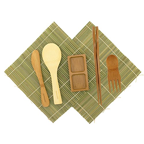 BambooMN Sushi-Set – 2 x grüne Sushi-Rollmatten, 1 x Reispaddel, 1 x Streuer, 1 x Essstäbchen, 1 x Sushi-Soßenschale, und 1 x Göffel – Deluxe-Sushi-Set von BambooMN