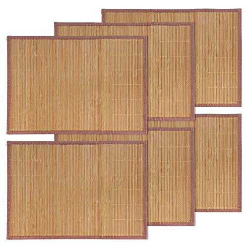 BambooMN Bambus-Lamellen-Tischset mit braunem Stoffrand – einfarbiger Druck – 45,7 x 33 cm – karbonisiertes Braun – 6 Stück von BambooMN