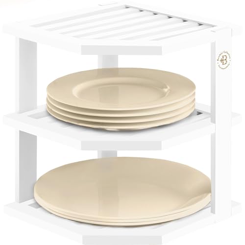 Bambüsi Tellerorganizer für Schrank – Bambus-Küchen- und Badezimmer-Organisation – ideal für platzsparende Schränke, Eckschrank-Organizer, Arbeitsplatte und Eckregal, Küchenorganizer (weiß) von Bambüsi