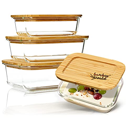 bambuswald© Vorratdosen Glas mit luftdichten Deckel 4er Set | verschließbare & stapelbare Glasbehälter 370ml 640ml 1040ml 1520ml - Ofenform Lunchbox Dose Auflaufform Frischhaltedosen Aufschnittbox von bambuswald