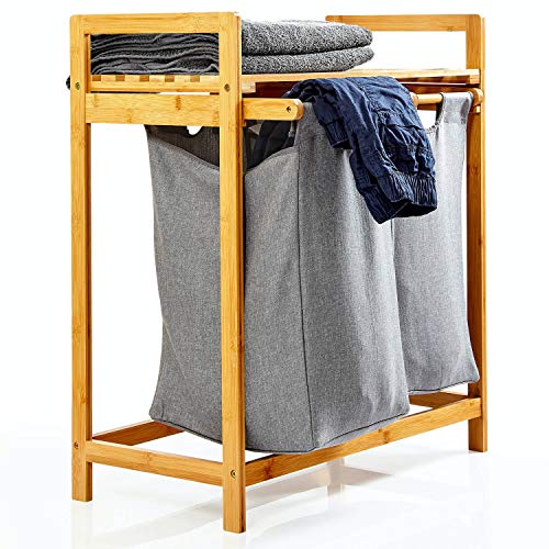 Bambuswald© Wäschekorb Bambus mit 2 Ausziehbaren Wäschesäcken aus Bambus - Regal für Bad & Schlafzimmer ca. 73x64x33cm | Wäschekorb Regal Wäschesortierer Badezimmer Standwäschekorb Aufbewahrung von bambuswald