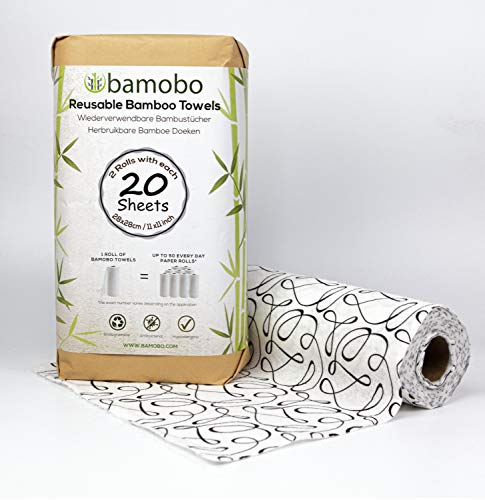 [2x] 100% Bambus KÜCHENROLLE Waschbar | Ersetzt bis zu 50 Haushaltrollen Wiederverwendbar | Waschbare Küchentücher | Papiertücher | Bambusrolle Nachhaltig | Umweltfreundliche Allzwecktücher (Schwarz) von Bamobo