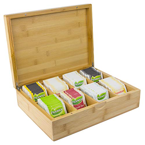 Tee Box aus Bambus mit 8 Staufächern für 160 Teebeutel [23x30x9cm] | Teekiste Groß | Teebeutelbox | Große TeeBox mit Deckel aus Bambus Holz | Teebeutel Aufbewahrungsbox | Bio Natur Teekasten von Bamobo