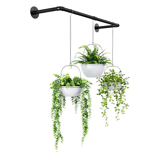 Bamworld Hängende Pflanzgefäße für Zimmerpflanzen, Pflanzenhalter für Fenster, Decke, schwebend, schwarze Metallstange für Zuhause, Garten, Wanddekoration für Wohnzimmer, Küche, Schlafzimmer (Topf und von Bamworld