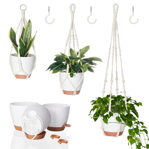 Bamworld Makramee Blumenampel Blumentopf Hängend Außen Innen (Mit 3 Töpfen) Balkondeko Hängeampel Balkon Deko Aesthetic Room Decor Boho von Bamworld