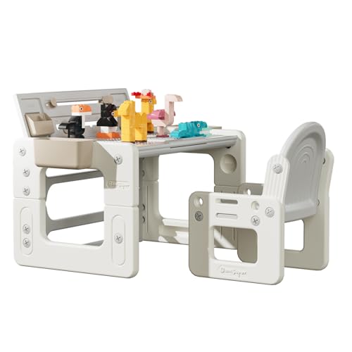 BanaSuper 2-seitiger Zeichentisch und Stuhl für Kinder mit Bausteinen Aktivitätstisch für Kleinkinder Höhenverstellbar Multifunktionales Kindermöbelset für Vorschulkinder (Grau) von BanaSuper
