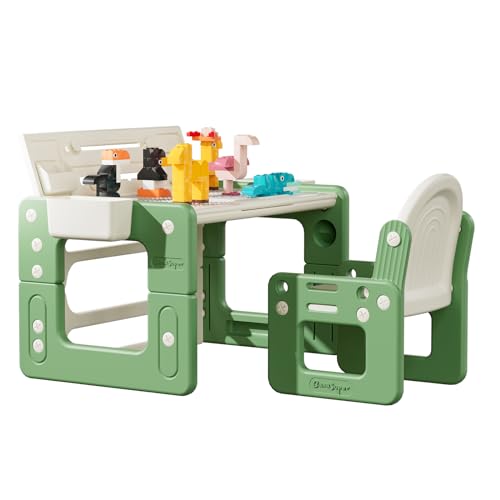 BanaSuper 2-seitiger Zeichentisch und Stuhl für Kinder mit Bausteinen Aktivitätstisch für Kleinkinder Höhenverstellbar Multifunktionales Kindermöbelset für Vorschulkinder (Grün) von BanaSuper