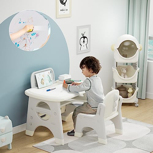 BanaSuper Kinder Zeichentisch und Stuhl Set mit löschbarer Tafel Aquarellstifte Kinder Kunststoff Activity Desk mit 1 Hocker Multifunktions Möbelset für Kleinkinder (Grau) von BanaSuper