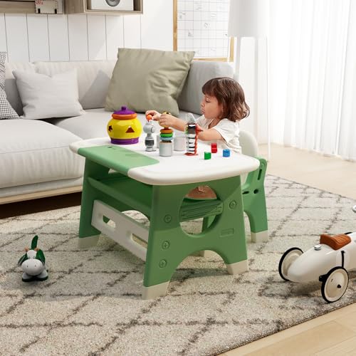 BanaSuper Kinder Zeichentisch und Stuhl Set mit löschbarer Tafel Aquarellstifte Kinder Kunststoff Activity Desk mit 1 Hocker Multifunktions Möbelset für Kleinkinder (Grün) von BanaSuper