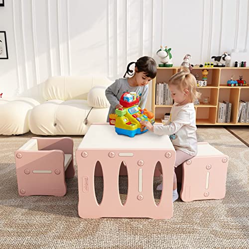 BanaSuper Tisch und Stuhlset für Kinder Kinderschreibtisch aus Kunststoff mit 2 Hockern Multifunktions Möbelset für Kleinkinder Zuhause Schule Kindergarten (Rosa Weiß) von BanaSuper