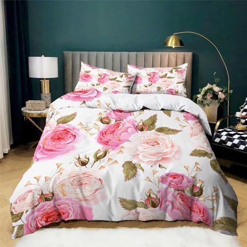 BanbE Bettwäsche Rosa Pfingstrosen-Blumenmuster 155x220 cm 3D Drucken Bettbezug Set Mikrofaser Bettwäsche Set für Kinder Teens Bettwäsche mit 2 Kissenbezüge 80x80 cm von BanbE