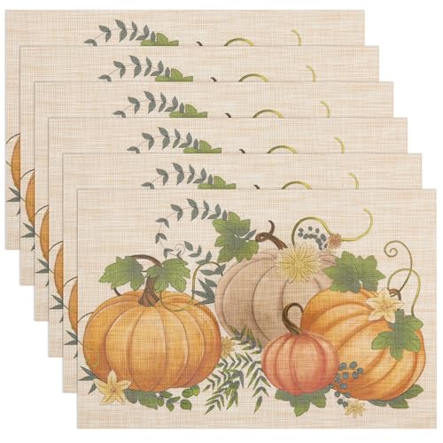 Banchif Herbst Platzsets 6er Set Erntedankfest Tischsets Abwaschbar Kürbisse Platzdeckchen Herbst Bankett Tischsets Abwaschbar rutschfest PVC Platzsets (45 x 30 cm) von Banchif