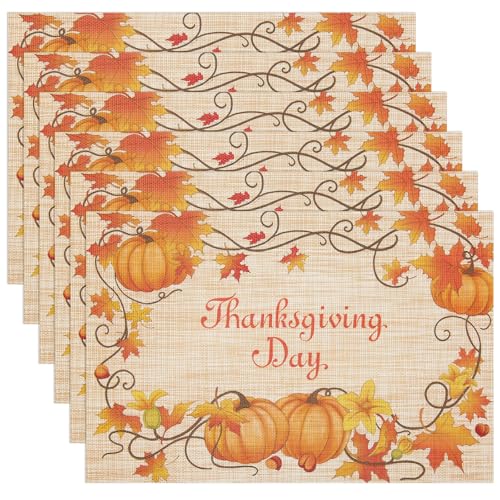 Banchif Herbst Platzsets 6er Set Erntedankfest Tischsets Abwaschbar Kürbisse Platzdeckchen Herbst Bankett Tischsets Abwaschbar rutschfest PVC Platzsets (45 x 30 cm) von Banchif