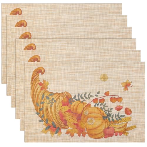 Banchif Herbst Platzsets 6er Set Erntedankfest Tischsets Abwaschbar Kürbisse Platzdeckchen Herbst Bankett Tischsets Abwaschbar rutschfest PVC Platzsets (45 x 30 cm) von Banchif