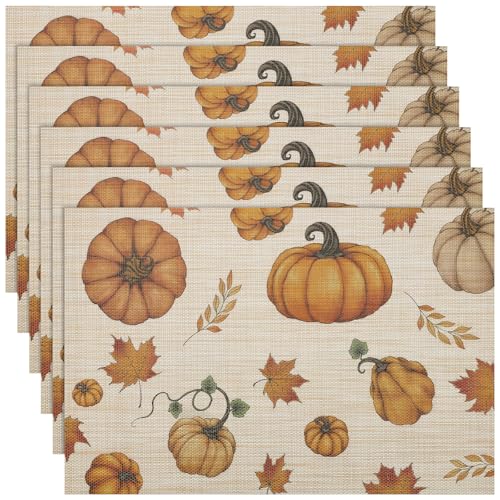 Banchif Herbst Platzsets Erntedankfest Abwaschbar Tischsets Kürbisse Platzdeckchen Herbst Bankett Tischsets Abwaschbar PVC Platzsets 6er Set (45 x 30 cm) von Banchif