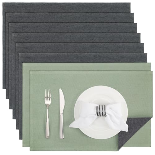 Banchif Platzsets Leinenimitat Platzsets Abwaschbar Tischsets DoppelseitigenTischsets Stoff Platzdecken maschinenwaschbar 30 x 45 cm (Grau Salbeigrün, Rechteckig Satz von 8) von Banchif