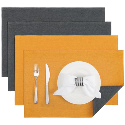 Banchif Platzsets Leinenimitat Tischsets Abwaschbar Tischsets Doppelseitigen Platzsets Stoff Platzdecken maschinenwaschbar 30 x 45 cm (Grau-Gelb, Rechteckig Satz von 4) von Banchif