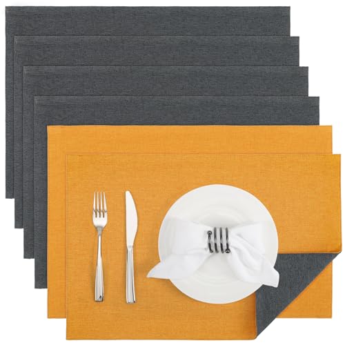 Banchif Platzsets Leinenimitat Tischsets Abwaschbar Tischsets Doppelseitigen Platzsets Stoff Platzdecken maschinenwaschbar 30 x 45 cm (Grau-Gelb, Rechteckig Satz von 6) von Banchif