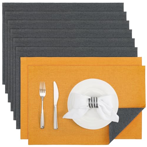 Banchif Platzsets Leinenimitat Tischsets Abwaschbar Tischsets Doppelseitigen Platzsets Stoff Platzdecken maschinenwaschbar 30 x 45 cm (Grau-Gelb, Rechteckig Satz von 8) von Banchif