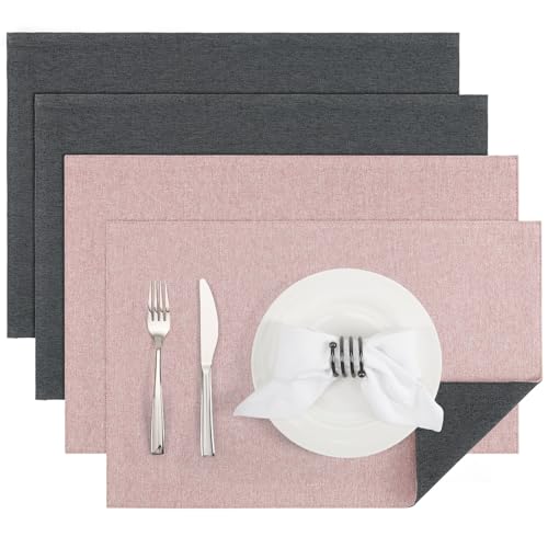 Banchif Platzsets Leinenimitat Tischsets Abwaschbar Tischsets Doppelseitigen Platzsets Stoff Platzdecken maschinenwaschbar 30 x 45 cm (Grau-Rosa, Rechteckig Satz von 4) von Banchif