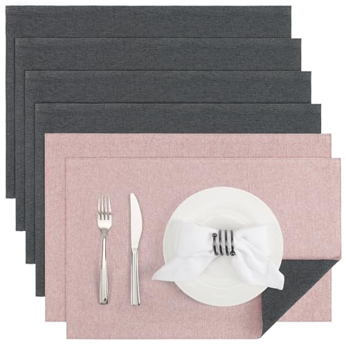 Banchif Platzsets Leinenimitat Tischsets Abwaschbar Tischsets Doppelseitigen Platzsets Stoff Platzdecken maschinenwaschbar 30 x 45 cm (Grau-Rosa, Rechteckig Satz von 6) von Banchif