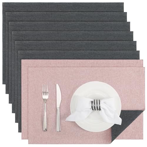 Banchif Platzsets Leinenimitat Tischsets Abwaschbar Tischsets Doppelseitigen Platzsets Stoff Platzdecken maschinenwaschbar 30 x 45 cm (Grau-Rosa, Rechteckig Satz von 8) von Banchif
