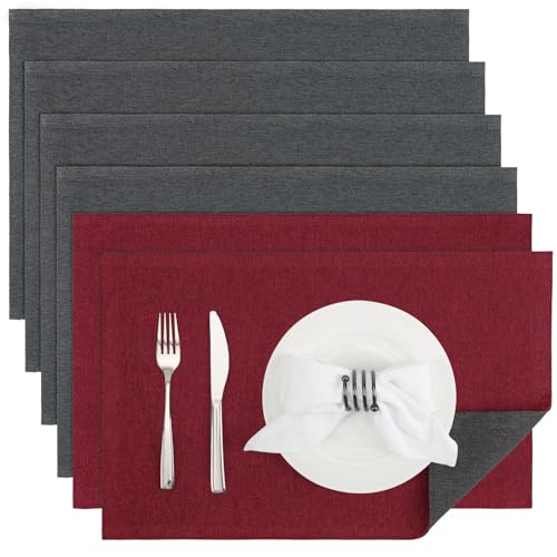 Banchif Platzsets Leinenimitat Tischsets Abwaschbar Tischsets Doppelseitigen Platzsets Stoff Platzdecken maschinenwaschbar 30 x 45 cm (Rot-Grau, Rechteckig Satz von 6) von Banchif