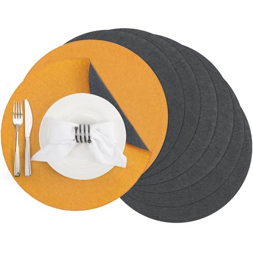 Banchif Tischsets, Durchmesser 38cm Leinenimitat Platzsets Abwaschbar rutschfeste Tischsets Platzsets Doppelseitigen Platzdecken (Grau-Gelb, Rund Satz von 8) von Banchif