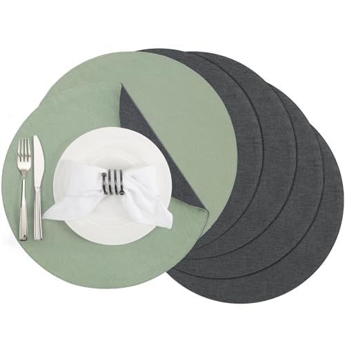 Banchif Tischsets, Durchmesser 38cm Leinenimitat Platzsets Abwaschbar rutschfeste Tischsets Platzsets Doppelseitigen Platzdecken (Grau Salbeigrün, Rund Satz von 6) von Banchif