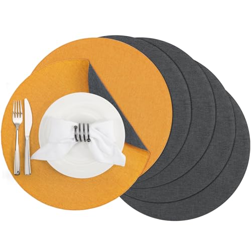 Banchif Tischsets, Durchmesser 38cm Leinenimitat Platzsets Abwaschbar rutschfeste Tischsets Platzsets Doppelseitigen Platzdecken 6er Set (Grau-Gelb, Rund Satz von 6) von Banchif