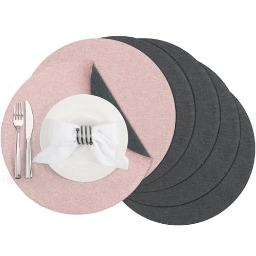 Banchif Tischsets, Durchmesser 38cm Leinenimitat Platzsets Abwaschbar rutschfeste Tischsets Platzsets Doppelseitigen Platzdecken 6er Set (Grau-Rosa, Rund Satz von 6) von Banchif