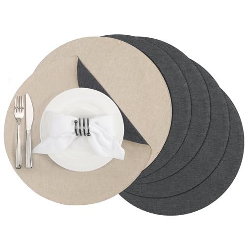Banchif Tischsets, Durchmesser 38cm Leinenimitat Platzsets Abwaschbar rutschfeste Tischsets Platzsets Doppelseitigen Platzdecken (Grau-Beige, Rund Satz von 6) von Banchif