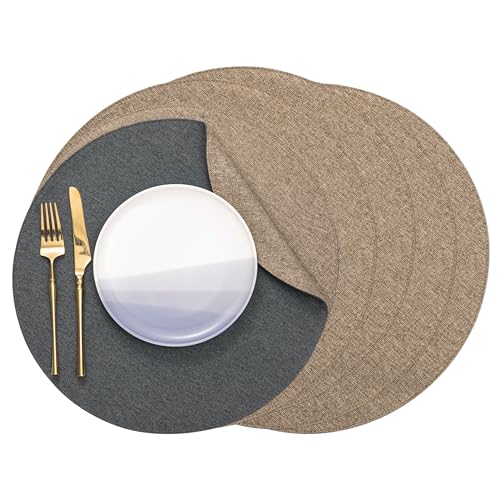Banchif Tischsets, Durchmesser 38cm Leinenimitat Platzsets Abwaschbar rutschfeste Tischsets Platzsets Doppelseitigen Platzdecken (Grau-hell Brown, Rund Satz von 6) von Banchif