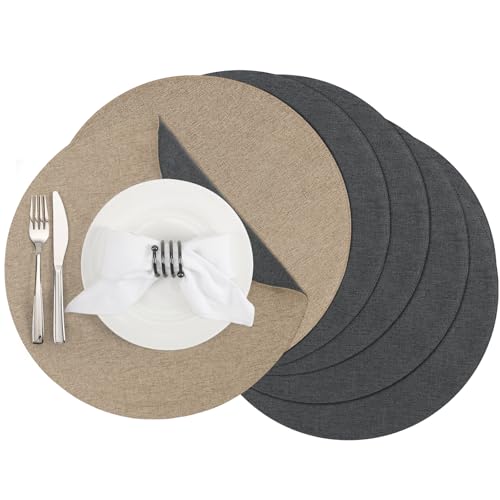 Banchif Tischsets, Durchmesser 38cm Leinenimitat Platzsets Abwaschbar rutschfeste Tischsets Platzsets Doppelseitigen Platzdecken (Grau-hell Brown, Rund Satz von 6) von Banchif