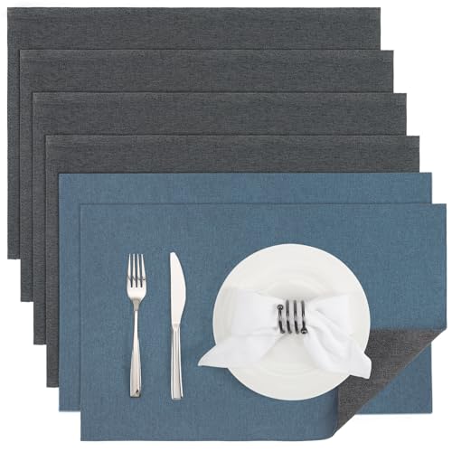 Banchif Platzsets Leinenimitat Tischsets Abwaschbar Tischsets Doppelseitigen Platzsets Stoff Platzdecken maschinenwaschbar 30 x 45 cm (Grau-Blau, Rechteckig Satz von 6) von Banchif