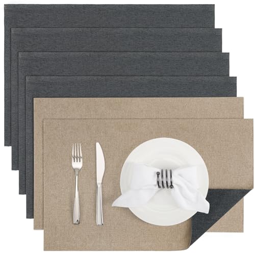 Banchif Platzsets Leinenimitat Tischsets Abwaschbar Tischsets Doppelseitigen Platzsets Stoff Platzdecken maschinenwaschbar 30 x 45 cm (Grau-hell Brown, Rechteckig Satz von 6) von Banchif