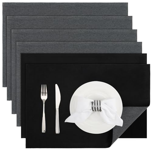 Banchif Platzsets Leinenimitat Tischsets Abwaschbar Tischsets Doppelseitigen Platzsets Stoff Platzdecken maschinenwaschbar 30 x 45 cm (Grau-Schwarz, Rechteckig Satz von 6) von Banchif