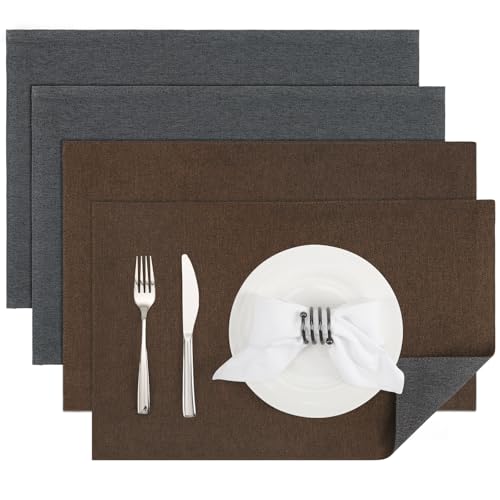 Banchif Platzsets Leinenimitat Tischsets Abwaschbar Tischsets Doppelseitigen Platzsets Stoff Platzdecken maschinenwaschbar 30 x 45 cm (Brown-Grau, Rechteckig Satz von 4) von Banchif