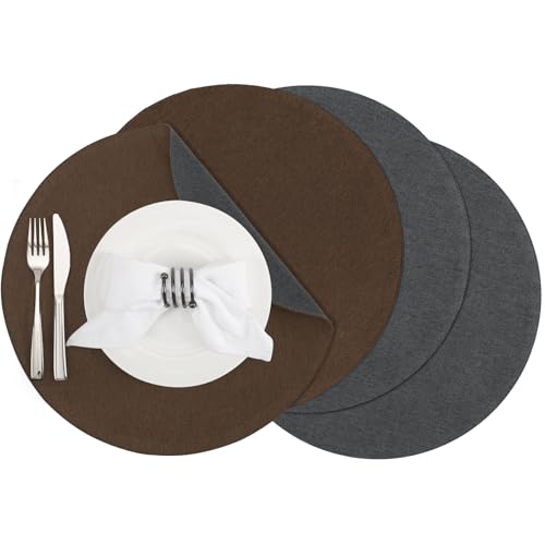 Banchif Tischsets, Durchmesser 38cm Leinenimitat Platzsets Abwaschbar rutschfeste Tischsets Platzsets Doppelseitigen Platzdecken (Brown-Grau, Rund Satz von 4) von Banchif
