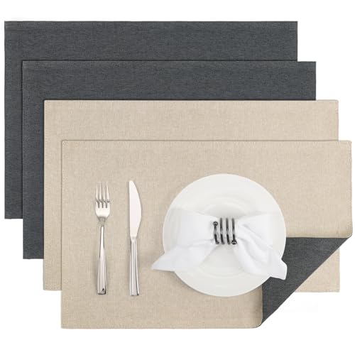 Banchif Platzsets Leinenimitat Tischsets Abwaschbar Tischsets Doppelseitigen Platzsets Stoff Platzdecken maschinenwaschbar 30 x 45 cm (Grau-Beige, Rechteckig Satz von 4) von Banchif