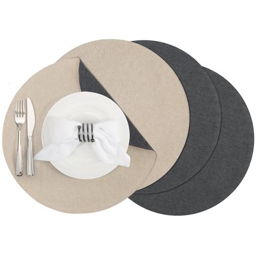 Banchif Tischsets, Durchmesser 38cm Leinenimitat Platzsets Abwaschbar rutschfeste Tischsets Platzsets Doppelseitigen Platzdecken (Grau-Beige, Rund Satz von 4) von Banchif