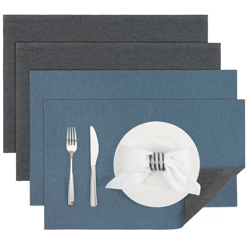 Banchif Platzsets Leinenimitat Tischsets Abwaschbar Tischsets Doppelseitigen Platzsets Stoff Platzdecken maschinenwaschbar 30 x 45 cm (Grau-Blau, Rechteckig Satz von 4) von Banchif
