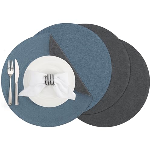 Banchif Tischsets, Durchmesser 38cm Leinenimitat Platzsets Abwaschbar rutschfeste Tischsets Platzsets Doppelseitigen Platzdecken (Grau-Blau, Rund Satz von 4) von Banchif