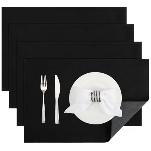 Banchif Platzsets Leinenimitat Tischsets Abwaschbar Tischsets Doppelseitigen Platzsets Stoff Platzdecken maschinenwaschbar 30 x 45 cm (Grau-Schwarz, Rechteckig Satz von 4) von Banchif