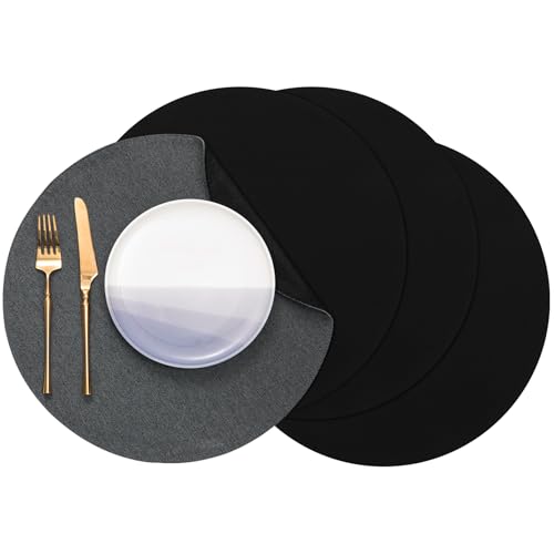 Banchif Tischsets, Durchmesser 38cm Leinenimitat Platzsets Abwaschbar rutschfeste Tischsets Platzsets Doppelseitigen Platzdecken (Grau-Schwarz, Rund Satz von 4) von Banchif