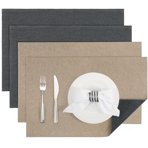 Banchif Platzsets Leinenimitat Tischsets Abwaschbar Tischsets Doppelseitigen Platzsets Stoff Platzdecken maschinenwaschbar 30 x 45 cm (Grau-hell Brown, Rechteckig Satz von 4) von Banchif
