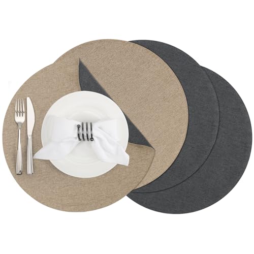 Banchif Tischsets, Durchmesser 38cm Leinenimitat Platzsets Abwaschbar rutschfeste Tischsets Platzsets Doppelseitigen Platzdecken (Grau-hell Brown, Rund Satz von 4) von Banchif