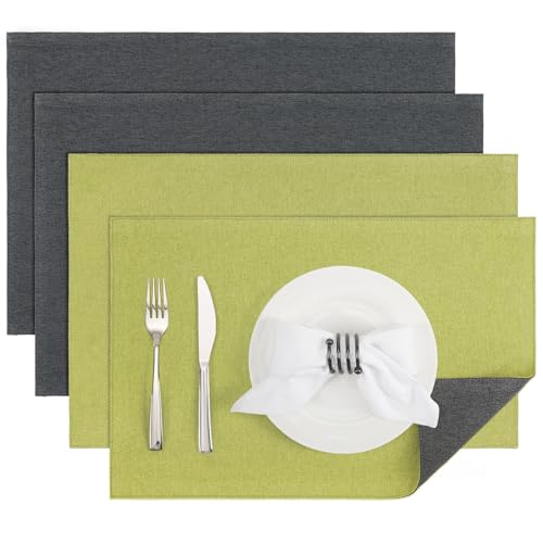 Banchif Platzsets Leinenimitat Tischsets Abwaschbar Tischsets Doppelseitigen Platzsets Stoff Platzdecken maschinenwaschbar 30 x 45 cm (Grün-Grau, Rechteckig Satz von 4) von Banchif